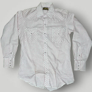 Vintage TemTex Plaid Western Pearl Snap Extra Long Tails USA Made Red White H